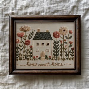 Puede incluir: Obra de arte bordada en un marco de madera marrón oscuro. La imagen presenta una casa blanca con un tejado negro, rodeada de flores bordadas en tonos rosa, melocotón y beige. La frase "home sweet home" está bordada debajo.