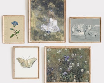 Vintage Nursery Art Set: Girl in Meadow, Swans, Butterfly (Digital Download)