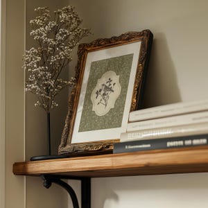 May include: A framed picture with a gold ornate frame featuring a bird and floral design. The picture is on a wooden shelf with books and a decorative plant. The frame is approximately 12 inches by 16 inches.