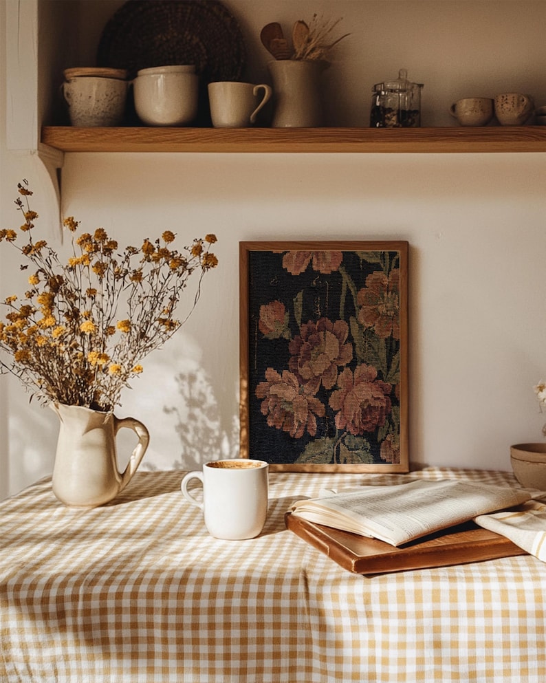 Impresión artística de tapiz floral melancólico: arte textil botánico oscuro para pared, decoración tradicional para el hogar (descarga digital) imagen 4
