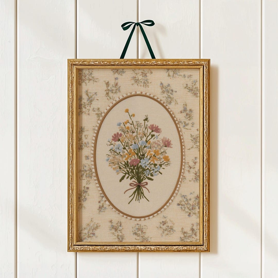 Vintage Embroidered Wildflower Bouquet Print: Cottagecore Nursery Art ...