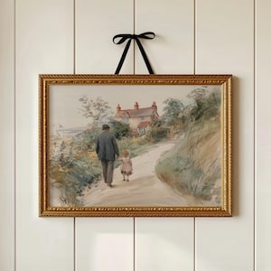 Country Stroll Watercolor Digital Painting | Grandfather and Granddaughter Illustration | Cottagecore Nursery Decor | Girl Nursery Art | 40