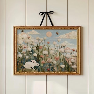 May include: A framed artwork depicting a spring meadow with a white rabbit, flowers, and butterflies. The artwork has a gold frame and is suspended by a black ribbon. The sky is light blue with fluffy clouds and a pink sun.