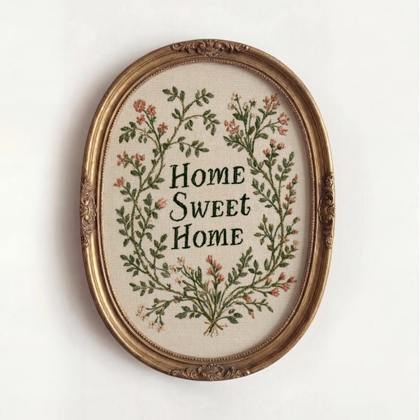 Home Sweet Home Textile Art Print: Cottagecore Wall Art, Farmhouse Kitchen Decor (Digital Download)