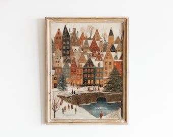 Snowy Christmas Village Art Print: Cozy Winter Town Scene, Holiday Wall Decor (Digital Download PRINTABLE)