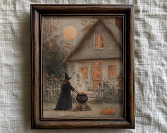 Vintage Halloween-kunstdruk: gezellig herfstdecor, heksachtige herfstkunst aan de muur (digitale download AFDRUKBAAR)
