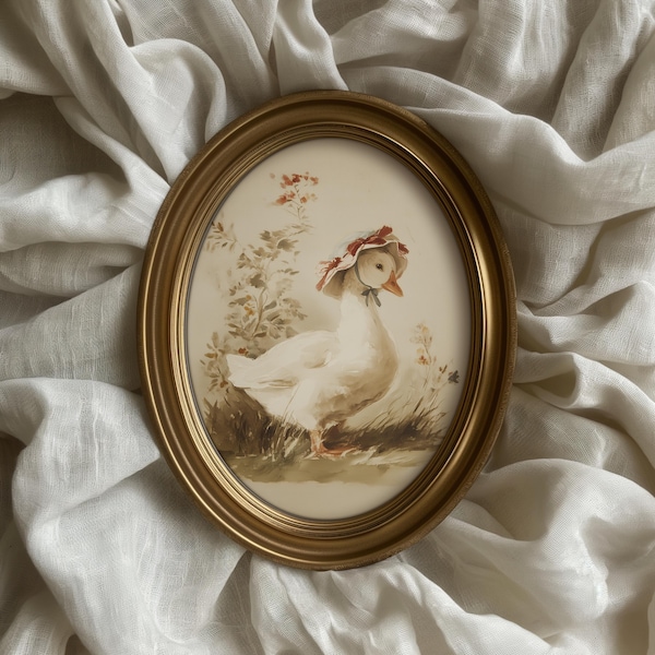 Gans met motorkap Art Print: boerderijdieren kinderkamer kunst aan de muur, rustieke Cottagecore babykamerdecor (digitale download)