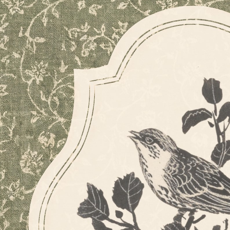 May include: A decorative print featuring a detailed illustration of a bird perched on a leafy branch. The bird is rendered in black and white against a cream-colored backdrop with a floral design. The background has a green floral pattern.