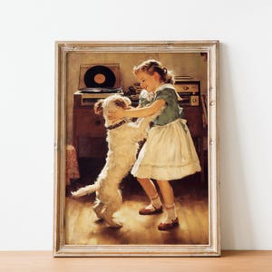 Lámina artística de niña y perro: estilo Norman Rockwell vintage (descarga digital)