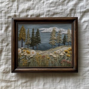 Puede incluir: Obra de arte enmarcada que representa un paisaje. La imagen muestra un lago, árboles y flores, con un cielo nublado en el fondo. El marco es de color marrón oscuro.