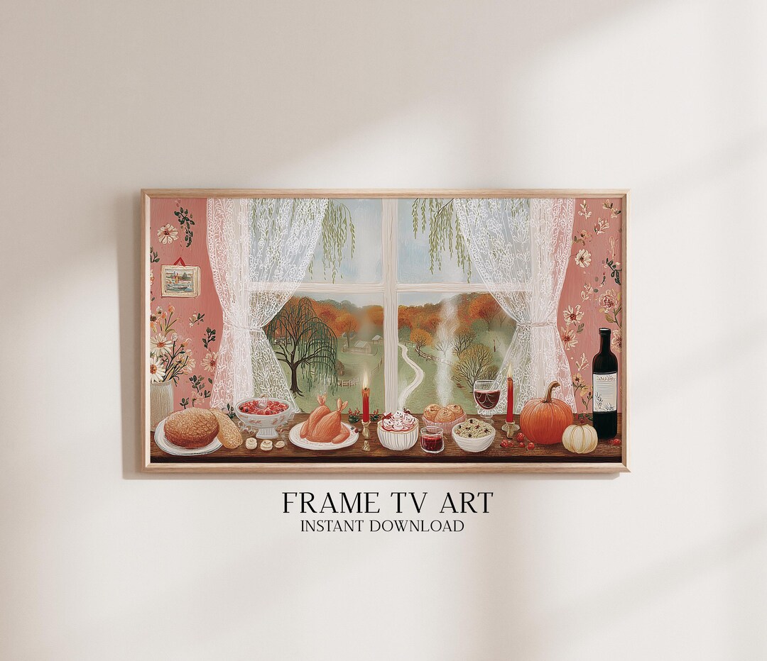 Thanksgiving Feast Frame TV Art: Cozy Cottage Window Scene in Folk Art ...