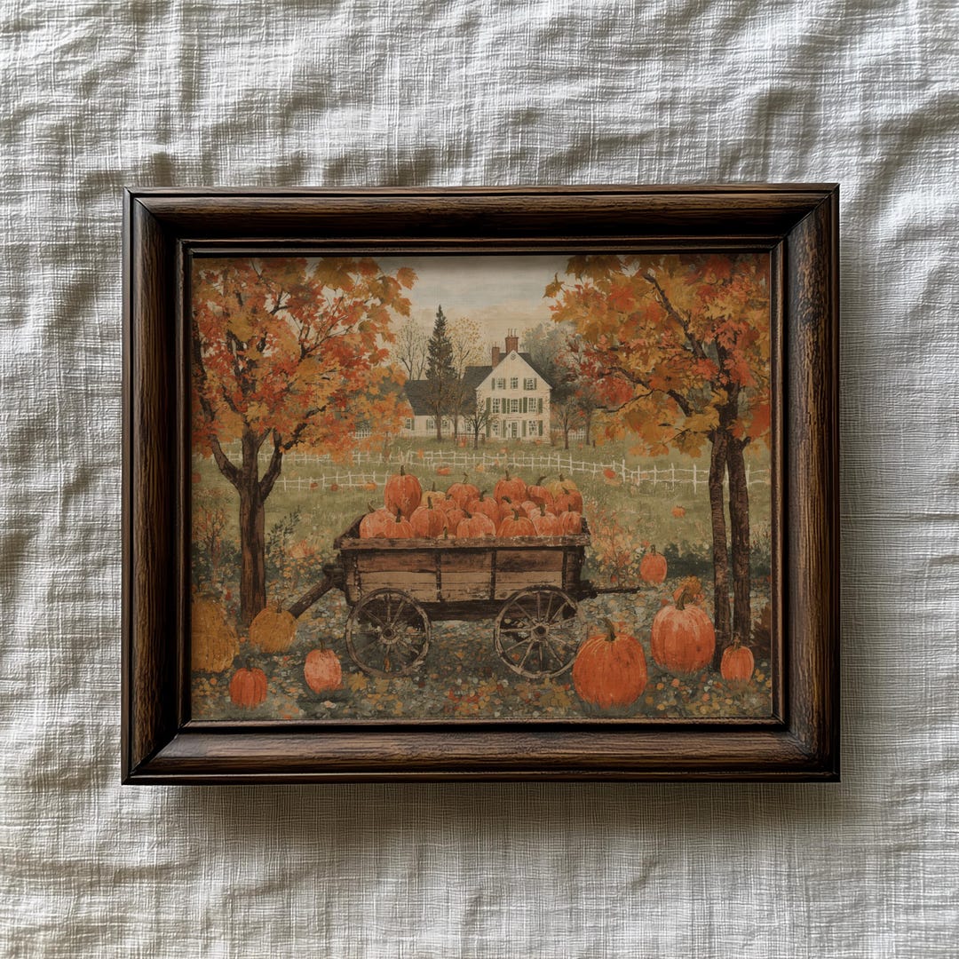 Autumn Pumpkin Harvest Folk Art Print: Rustic Wagon and Country ...