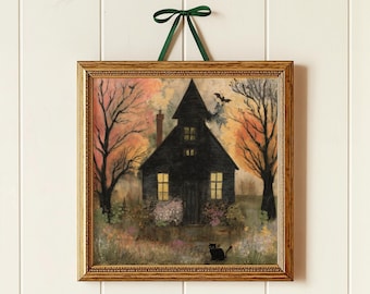 Halloween Black Cat Haunted House Print: Spooky Folk Art Decor (Digital Download)