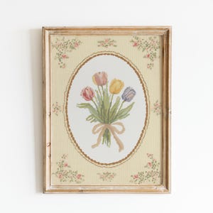 Vintage Tulip Cross Stitch Style Art Print: Cottagecore Floral Wall Art, Oval Botanical Printable (Digital Download)