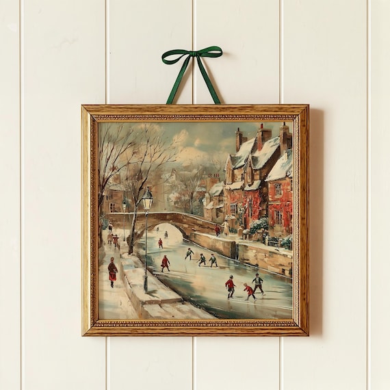 Winter Skating in European Village Art Print: Cozy Winter Wall Art, Nostalgic Holiday Decor (Digital Download PRINTABLE)