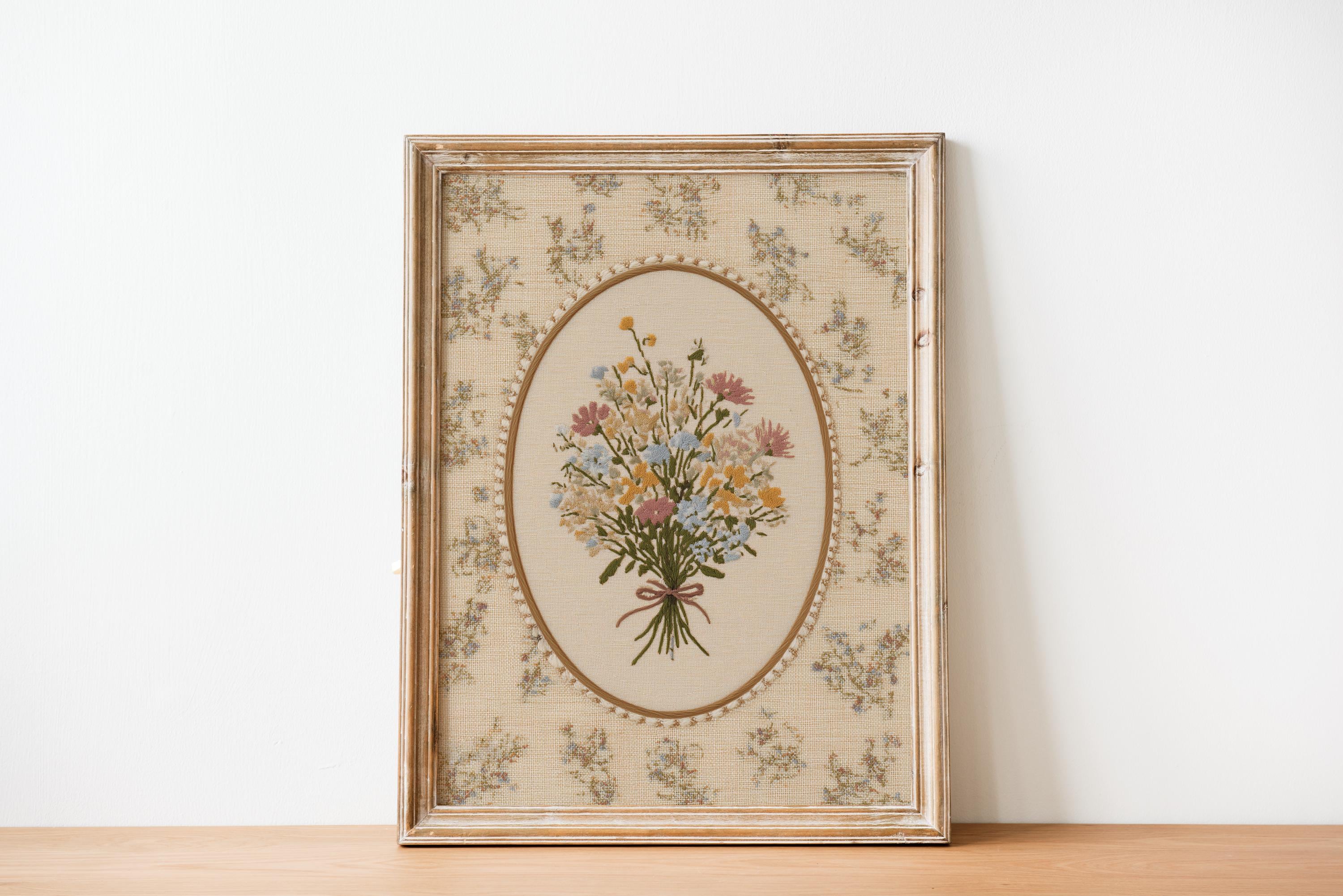 Vintage Embroidered Wildflower Bouquet Print: Cottagecore Nursery Art ...
