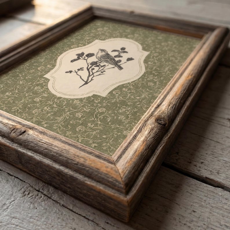 May include: A framed print featuring a bird perched on a branch. The artwork is set against a green floral patterned background. The frame is made of rustic, weathered wood, adding a vintage aesthetic. The print is ideal for home decor.