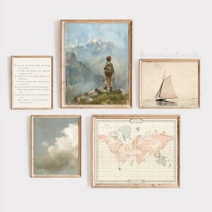 May include: A set of framed vintage art prints. The prints feature a landscape painting of a person on a mountain, a sailboat, a world map, a cloudscape, and a poem.