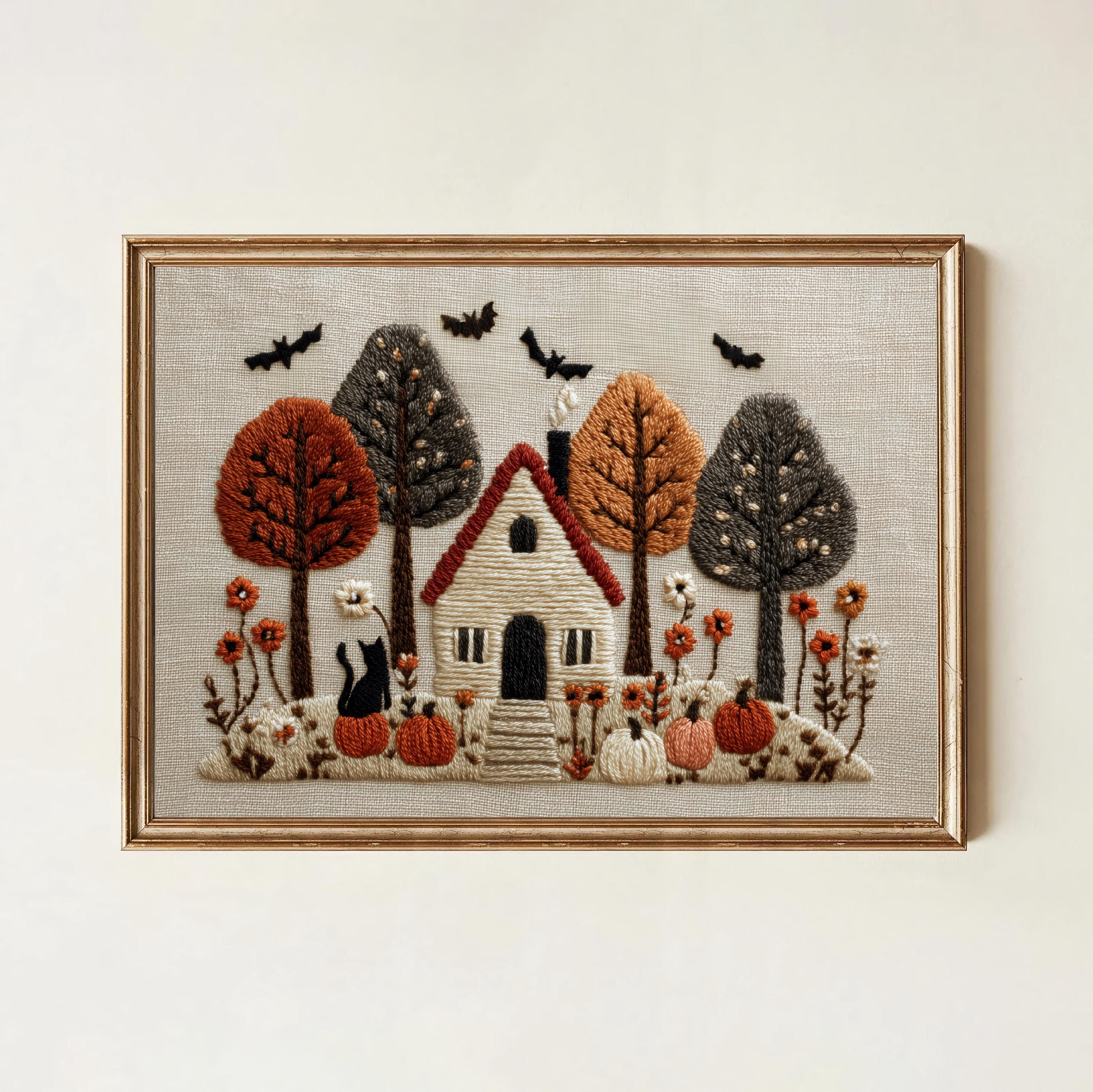 Halloween Cottage Art Print: Spooky Folk Style Fall Decor (Digital Download)