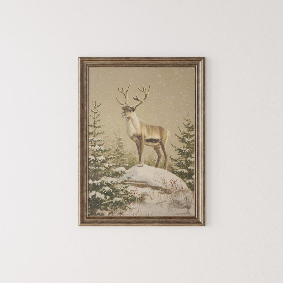 Winter Reindeer Vintage Christmas Art Print: Snowy Woodland Scene Wall ...