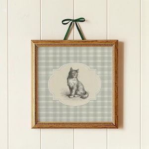 Lámina artística con boceto de gato vintage: fondo a cuadros, habitación infantil estilo cottagecore (descarga digital)