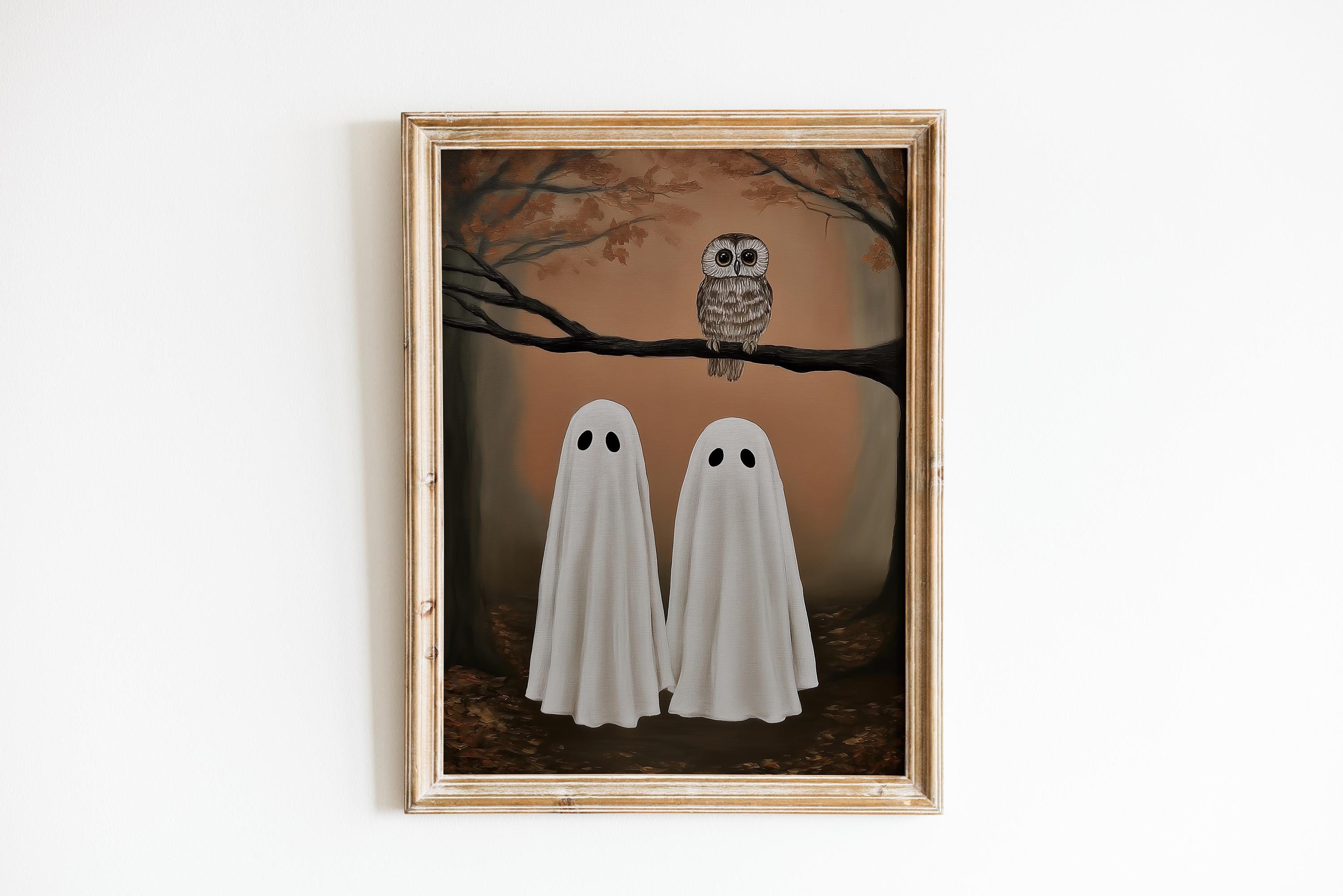 Whimsical Ghosts and Owl Autumn Wall Art: Halloween Spooky Cute Rustic Decor (Digital Download)
