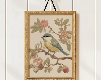 Lámina artística "Pájaro cantor en una rama": Decoración floral de pared estilo cottagecore (descarga digital)
