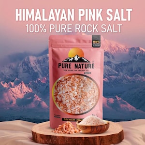 May include: A pink pouch of Himalayan pink salt with the text "HIMALAYAN PINK SALT 100% PURE ROCK SALT". The pouch is on a wooden surface with a small wooden bowl of salt and a pile of salt.