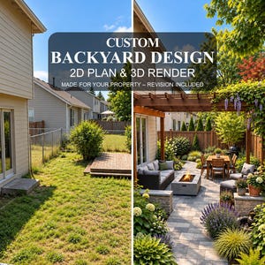 May include: A split-view graphic showing a plain backyard on the left and a landscaped patio on the right. Text reads: CUSTOM BACKYARD DESIGN 2D PLAN & 3D RENDER MADE FOR YOUR PROPERTY – REVISION INCLUDED. The right side features a wooden pergola.