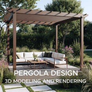 Könnte beinhalten: Eine braune Pergola mit Lamellendach beschattet ein Ecksofa mit cremefarbenen Kissen und grünen Kissen. Ein Couchtisch aus Holz steht vor dem Sofa. Der Text "PERGOLA DESIGN" und "3D MODELING AND RENDERING" wird angezeigt.