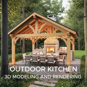 Puede incluir: Diseño de cocina exterior con pérgola de madera, chimenea de piedra y mesa de comedor. La imagen incluye el texto "OUTDOOR KITCHEN" y "3D MODELING AND RENDERING".