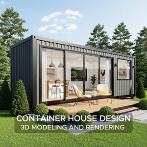 Peut inclure: Conception d'une maison conteneur moderne avec de grandes portes coulissantes en verre et une terrasse en bois. Le texte "CONTAINER HOUSE DESIGN 3D MODELING AND RENDERING" est visible. La maison est entourée d'herbe verte et d'arbres.