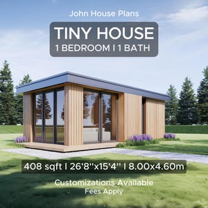 Tiny House Plans, Small Cabin House Plans, 1 Bedroom - 1 Bath, 408 sqft, Modern House Blueprints & Architectural Design Plans
