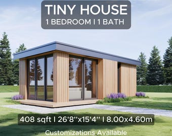 Tiny House Plans, Small Cabin House Plans, 1 Bedroom - 1 Bath, 408 sqft, Modern House Blueprints & Architectural Design Plans