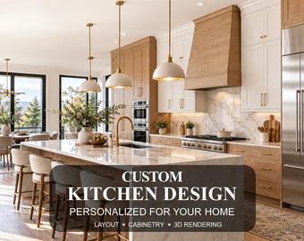 May include: A kitchen featuring a large marble island with bar stools, light wood and white cabinetry, a stainless steel refrigerator, and gold pendant lights. Text overlay reads: CUSTOM KITCHEN DESIGN PERSONALIZED FOR YOUR HOME LAYOUT • CABINETRY • 3D RENDERING