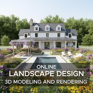May include: A white farmhouse with a dark grey roof and black trim, set in a landscaped garden with a swimming pool. The image includes the text "ONLINE LANDSCAPE DESIGN 3D MODELING AND RENDERING."
