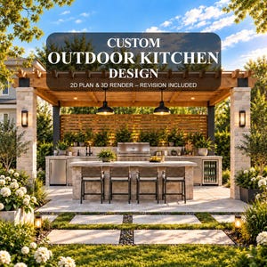 Può includere: Un design per cucina esterna personalizzato con pergola a pilastri in pietra, isola centrale con quattro sgabelli, grill in acciaio inossidabile ed elettrodomestici integrati. Il testo recita CUSTOM OUTDOOR KITCHEN DESIGN 2D PLAN & 3D RENDER – REVISION INCLUDED.