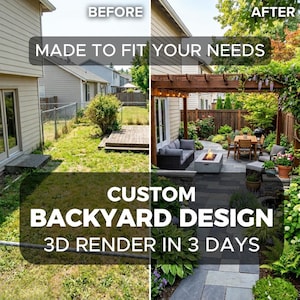 Könnte beinhalten: Ein geteiltes Bild zeigt Vorher-Nachher-Ansichten eines Hinterhofs. Die "Vorher"-Seite zeigt einen Rasen und eine Holzterrasse. Die "Nachher"-Seite zeigt ein individuelles Hinterhofdesign mit Terrasse, Sitzbereich und Essgruppe. Text: "MADE TO FIT YOUR NEEDS", "CUSTOM BACKYARD DESIGN" und "3D RENDER IN 3 DAYS".