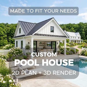 Könnte beinhalten: Ein individuelles Poolhaus-Design mit 2D-Plan und 3D-Rendering. Die weiße Struktur hat ein schwarzes Dach und ist von einem Pool, Landschaftsgestaltung und einem weißen Zaun umgeben. Der Text lautet "MADE TO FIT YOUR NEEDS" und "CUSTOM POOL HOUSE".