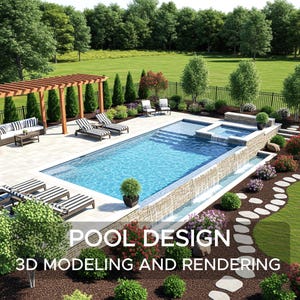 May include: A digitally rendered image of a backyard pool design. The pool has a waterfall feature and is surrounded by sun loungers, a pergola, and lush landscaping. The text "POOL DESIGN" and "3D MODELING AND RENDERING" are displayed.