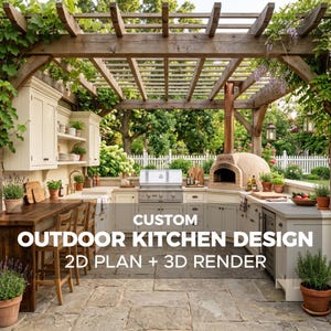 Custom Outdoor Kitchen Design, Backyard Kitchen Plans, Patio BBQ Layout, Pergola Kitchen Design, 2D Layout + 3D Render