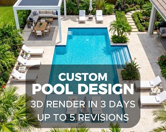 Diseño de piscinas a medida, servicio de diseño de piscinas en línea, renderizado 3D de piscinas para patios traseros, concepto de piscina de lujo, diseño de piscinas y spas, diseño de patios.