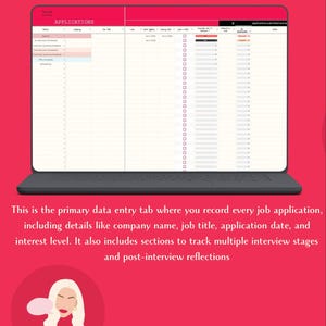 May include: A digital job log spreadsheet displayed on a laptop screen against a bright pink background. The interface features columns for company, job title, application date, and interview status. Below the laptop is a circular icon of a person.