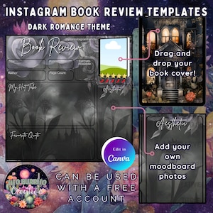 Op de afbeelding: Instagram boekrecensie templates met een donker romantiek thema. De templates bevatten secties voor boektitel, auteur en een plek om een boekomslag toe te voegen. De templates zijn ontworpen om te worden bewerkt in Canva en kunnen worden gebruikt met een gratis account.