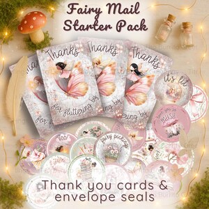 Pacchetto iniziale Fairy Mail: biglietti di ringraziamento 4x6 e fogli di adesivi stampabili / sigilli per buste fantasiosi per inviti, bomboniere o regali