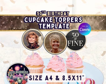 50th Birthday Photo Cupcake Toppers: Gold & Black Printable Party Decor (Canva Template)