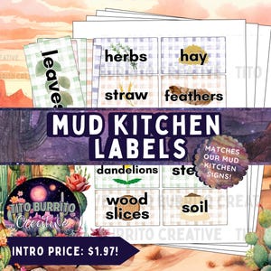 May include: A collection of Mud Kitchen Labels with various words like "herbs", "hay", and "straw" on a white and light blue checkered background. The labels are designed with a watercolor desert theme, featuring cacti and a sunset.