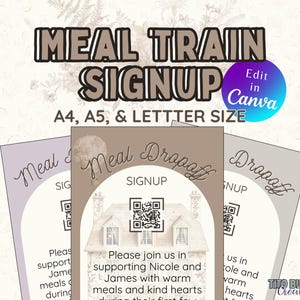 Może przedstawiać: Szablony do druku Meal Train Signup w rozmiarach A4, A5 i Letter. Projekt przedstawia ilustrację domu i tekst "Meal Dropoff Signup". Zawiera kod QR i tekst "Please join us in supporting Nicole and James".
