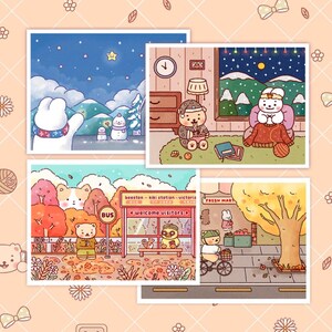 12 Kawaii Autumn & Winter background Stickers - Korean Stationery, Kawaii Glossy Vinyl Decals, Cute Journaling Supplies