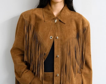Vintage Women’s Brown Suede Fringe Jacket – Western Cowgirl Rodeo Style, Retro Boho Festival Coat, Classic Shearling Inspired Outerwear